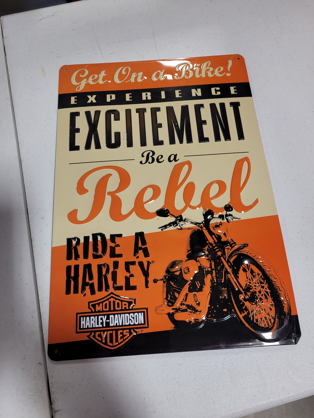 Harley-Davidson "Be a Rebel" Metal Sign - Orange & Cream